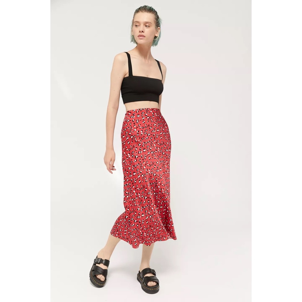 Urban Outfitters Leopard Red Bias Cut Midi Slip Skirt